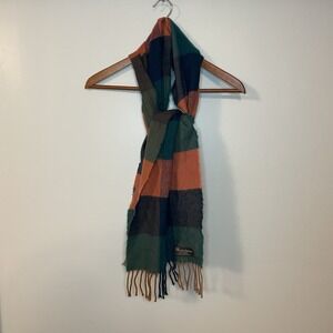 Made in Scotland 100% Cashmere Plaid Scarf Green Orange Fringe